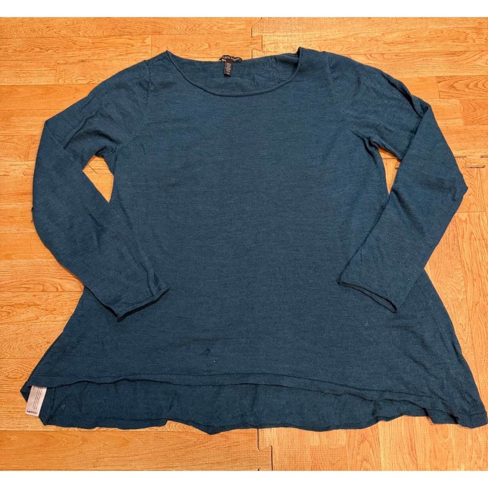 Eileen Fisher Teal Blue 100% Merino Wool Long Sleeve High-Low Tunic Sweater L
